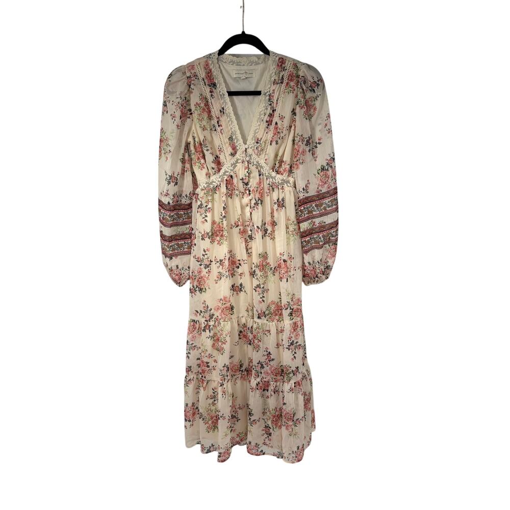 Penelope Rose Cream Pink Floral Milkmaid Cottagecore Long Sleeve  Dress Womens S